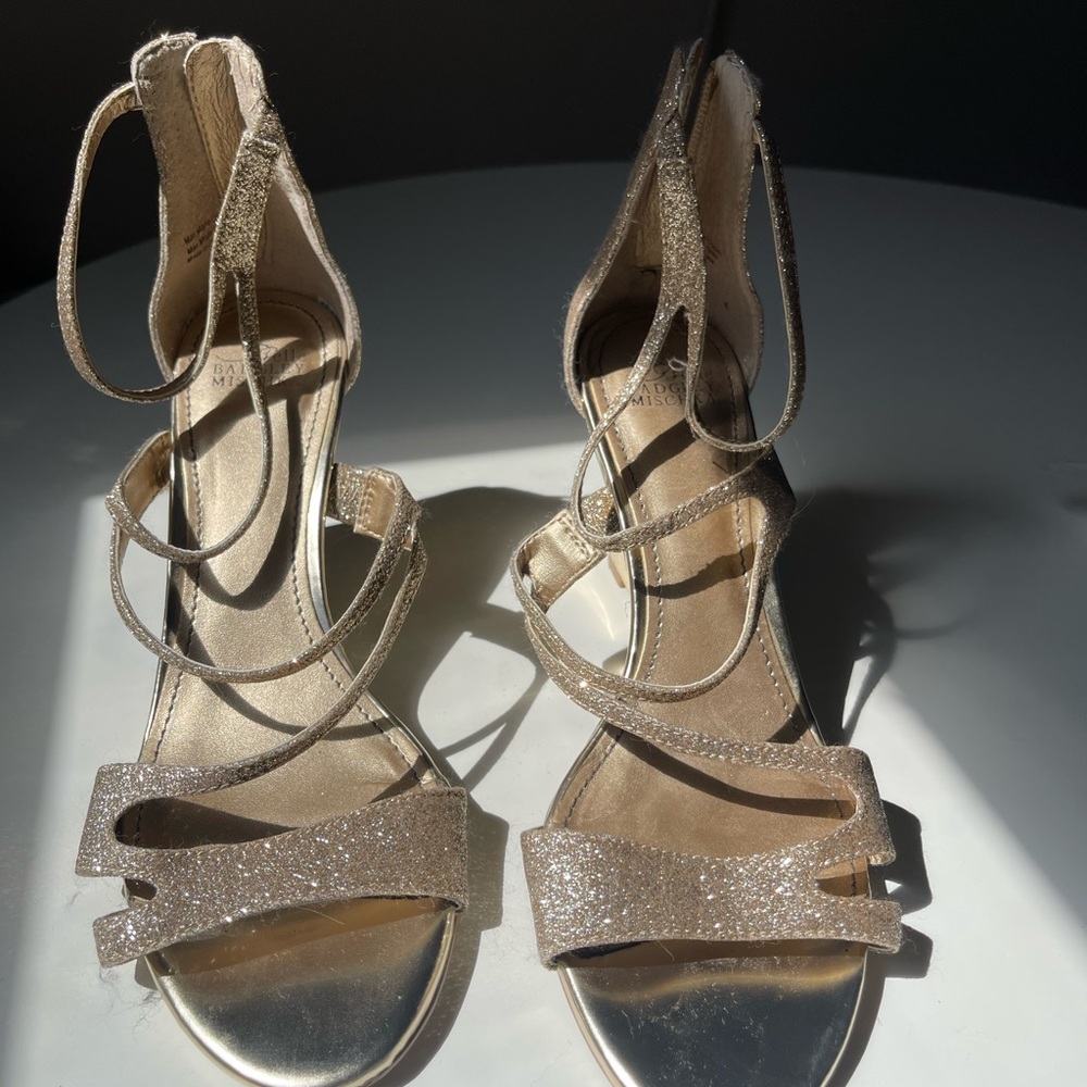 Badgley Mischka Gold Glitter Strappy Heels